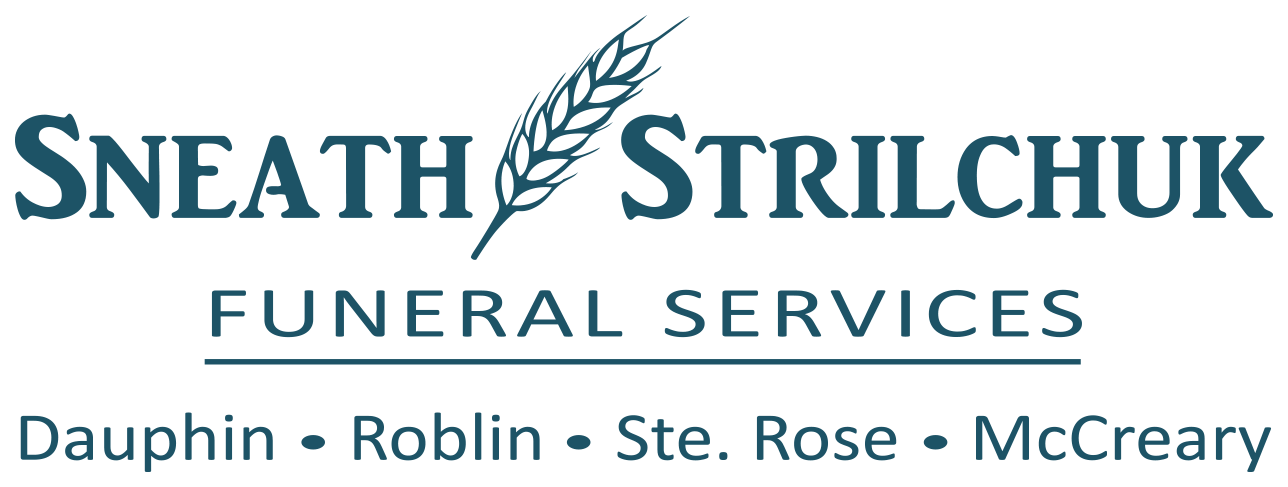 Sneath Strilchuk Funeral Services Logo. Listed below the logo are the towns Dauphin, Roblin, Ste. Rose and McCreary